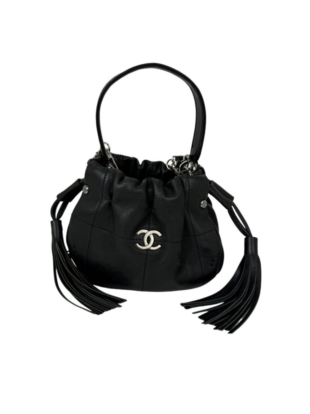 Chanel Vintage Small Lambskin Stitched Chocolate Bar Chain Fringe Hobo Black Bag